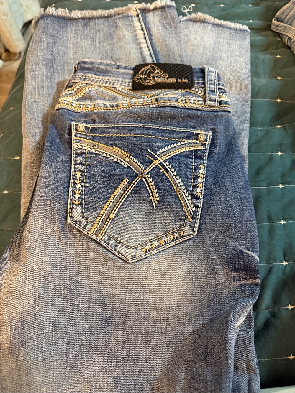 Grace Light Blue Bootcut Jeans with Gold Embroidered Back Pockets
